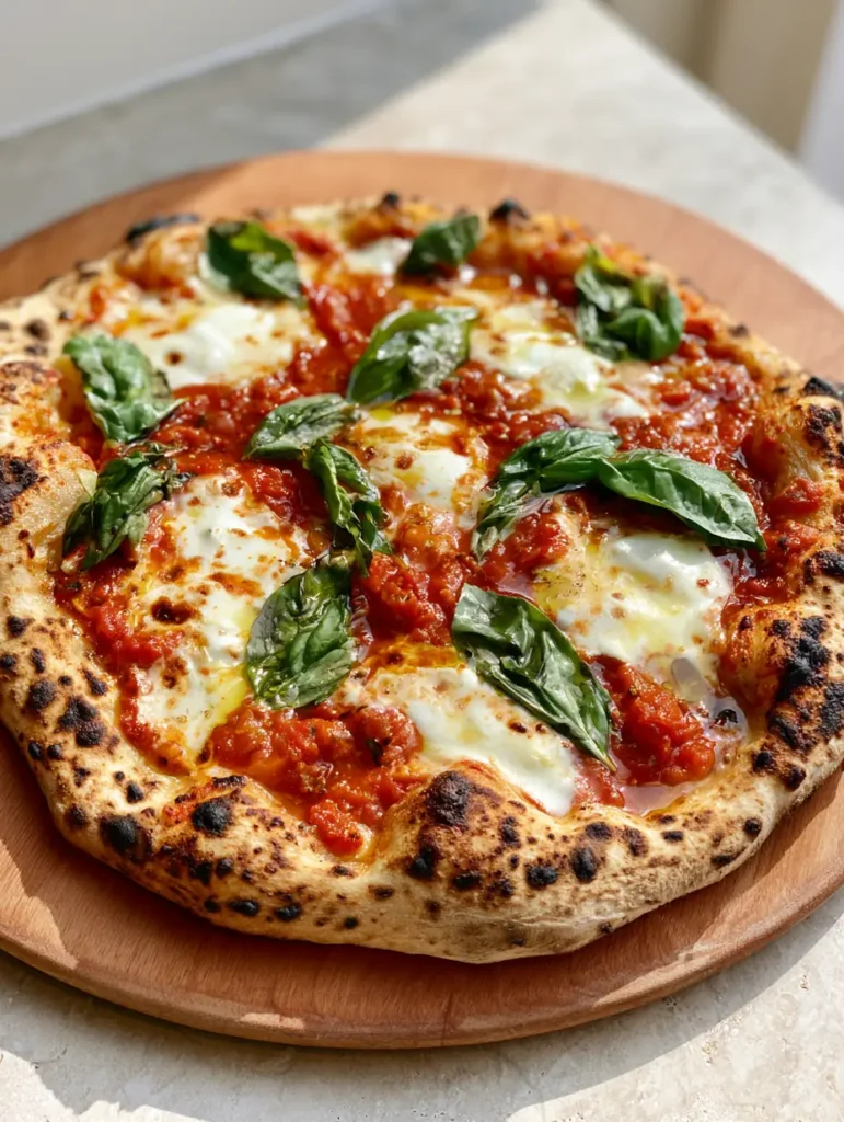 Overhead view of a Sourdough Discard Pizza Crust on a stone countertop in a bright kitchen.