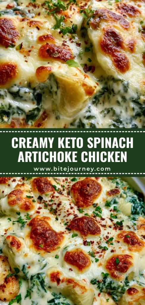 A top-down smartphone photo of a Spinach Artichoke Chicken Bake in a white ceramic dish with bubbly melted mozzarella and red pepper flakes. (Spinach Artichoke Chicken Bake)