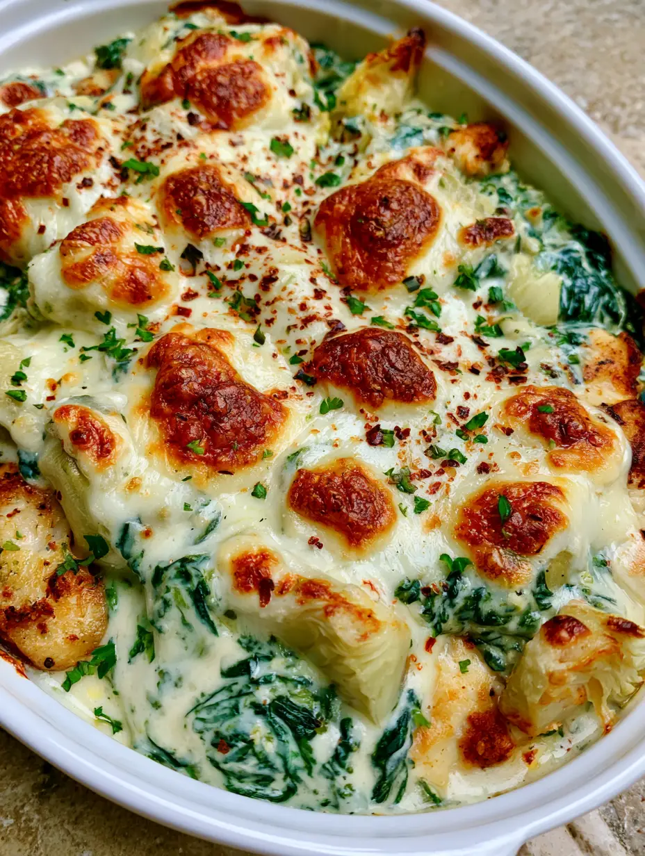 Close up handheld photo of golden seared chicken breasts covered in a velvety white sauce with emerald spinach. (Spinach Artichoke Chicken Bake)