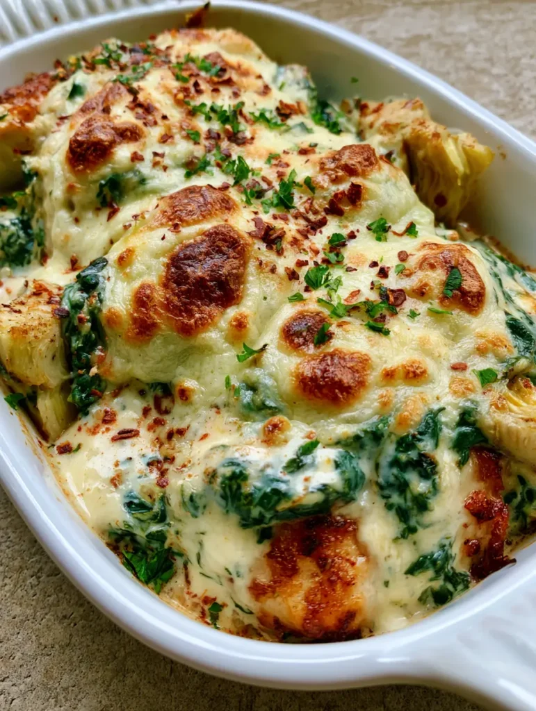 White ceramic dish on a stone countertop showing the toasted mozzarella cheese crust of the Spinach Artichoke Chicken Bake.