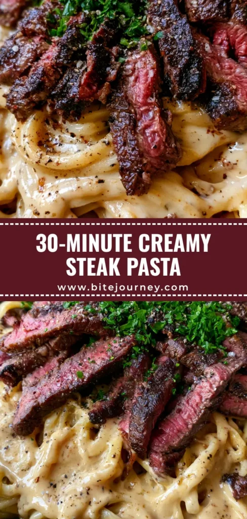 A close-up of Creamy Steak Pasta in a bowl featuring juicy medium-rare steak strips and glossy garlic cream sauce topped with parsley.