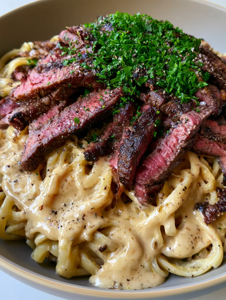 Creamy Steak Pasta served in a matte ceramic bowl with a thick, glossy garlic cream sauce and seared steak strips.