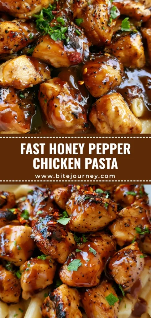 A handheld smartphone photo of Honey Pepper Chicken Pasta in a white bowl with charred chicken and glossy glaze.