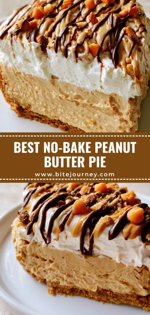 A stunning high-angle shot of a slice of Amish Peanut Butter Dream Pie featuring layers of graham cracker crust, peanut butter mousse, and whipped cream topped with chocolate drizzles.