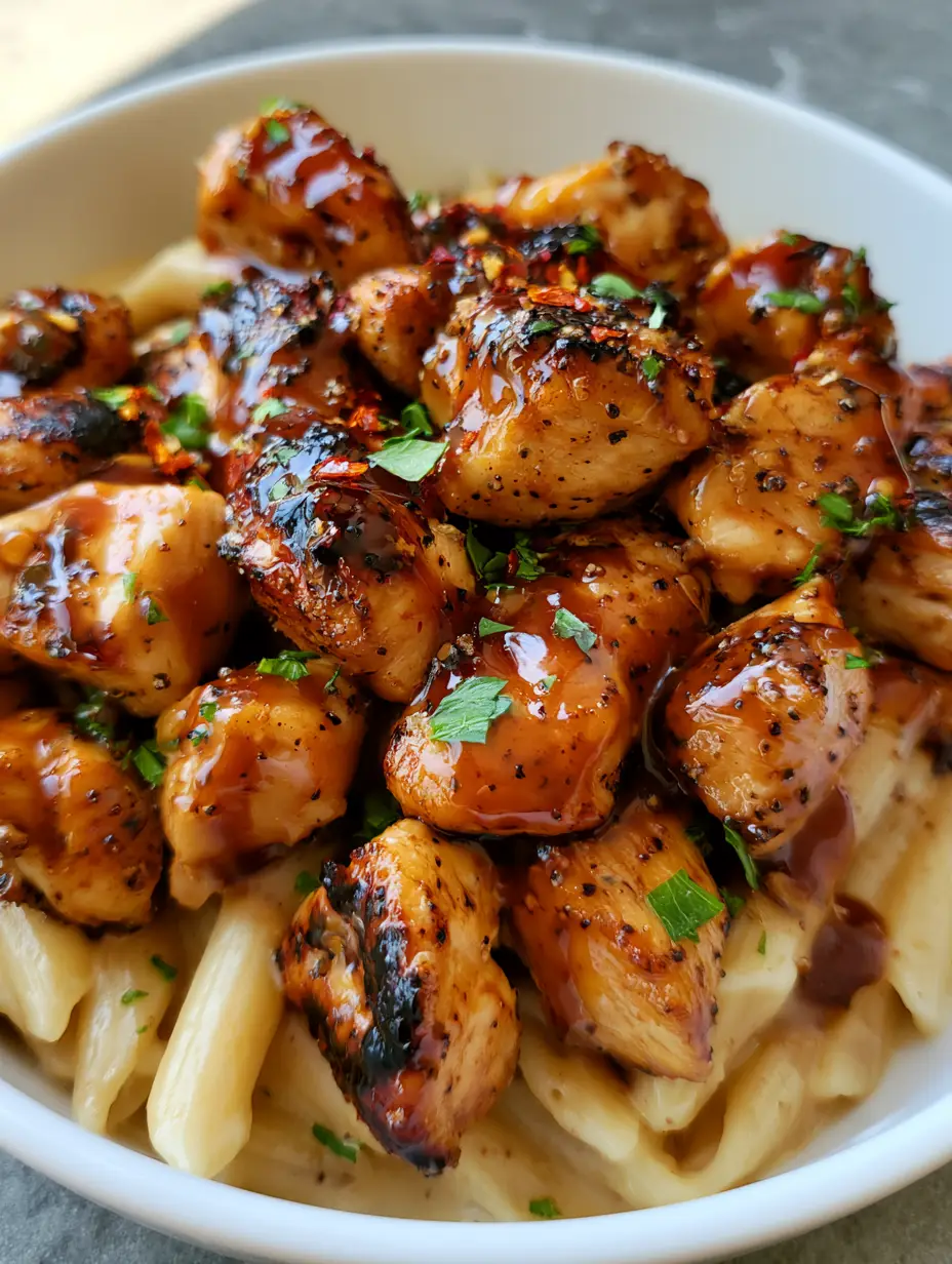 Close up of seared chicken chunks in a dark honey pepper glaze over penne pasta.