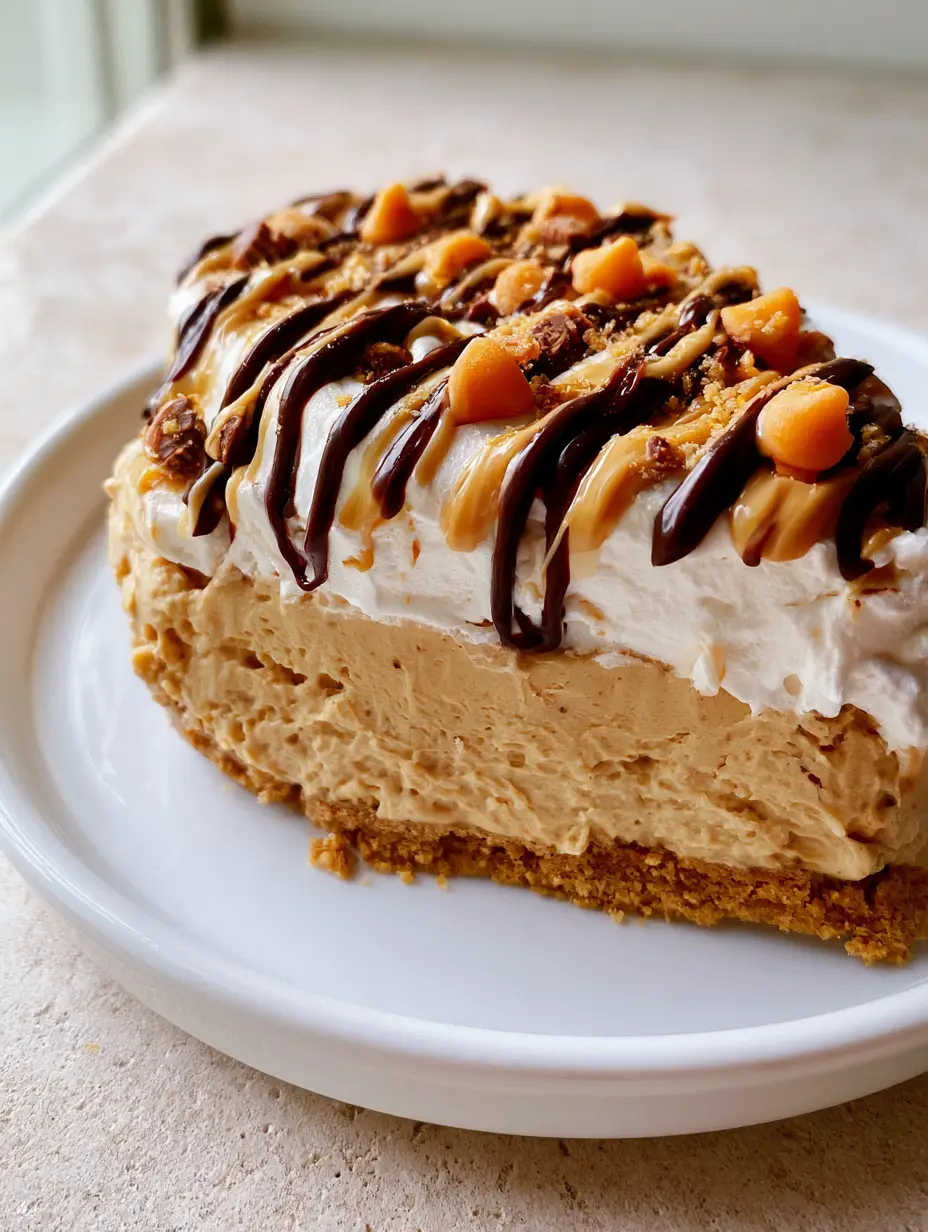 Close-up shot of a peanut butter pie slice showing the golden-brown crust and tan mousse layers. (Amish Peanut Butter Dream Pie)