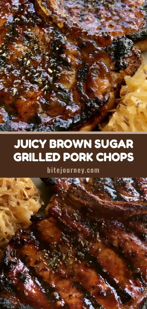 A top-down view of two Grilled Brown Sugar Pork Chops with deep char marks and a glossy glaze, served with caraway sauerkraut.