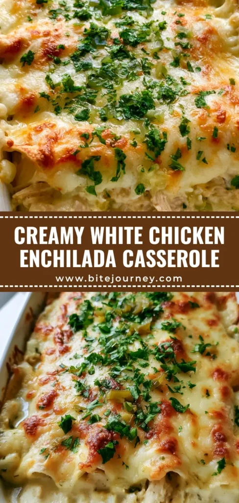 A close-up of White Chicken Enchilada Casserole in a white dish, featuring bubbly Monterey Jack cheese with golden-brown spots and green chile garnish.