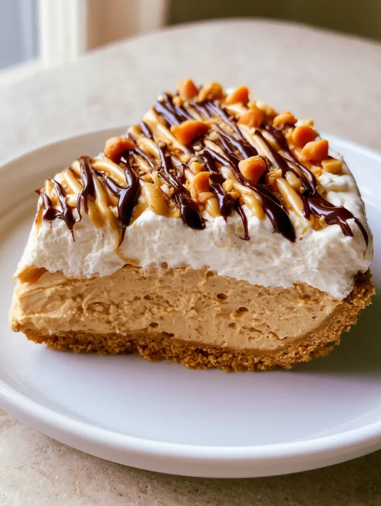 A handheld smartphone photo of an Amish Peanut Butter Dream Pie slice with melted chocolate and peanut butter zig-zag drizzles.