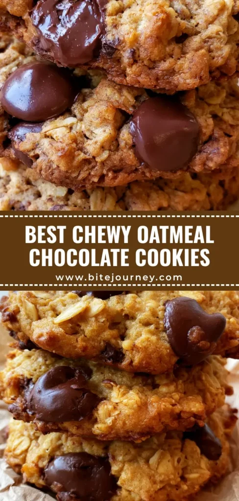 A stack of thick, golden-brown Chewy Oatmeal Chocolate Chip Cookies on wrinkled brown parchment paper with melted chocolate chips.