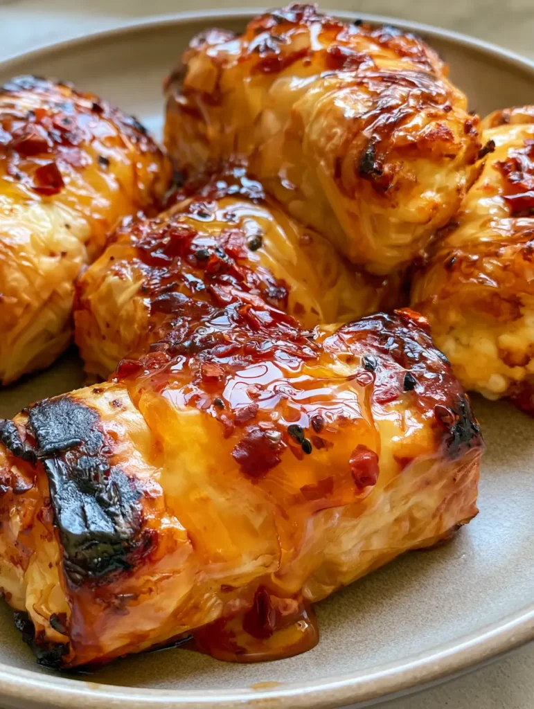 Several Baked Feta Rolls drizzled with translucent amber chili honey and sprinkled with red chili flakes and black sesame seeds.