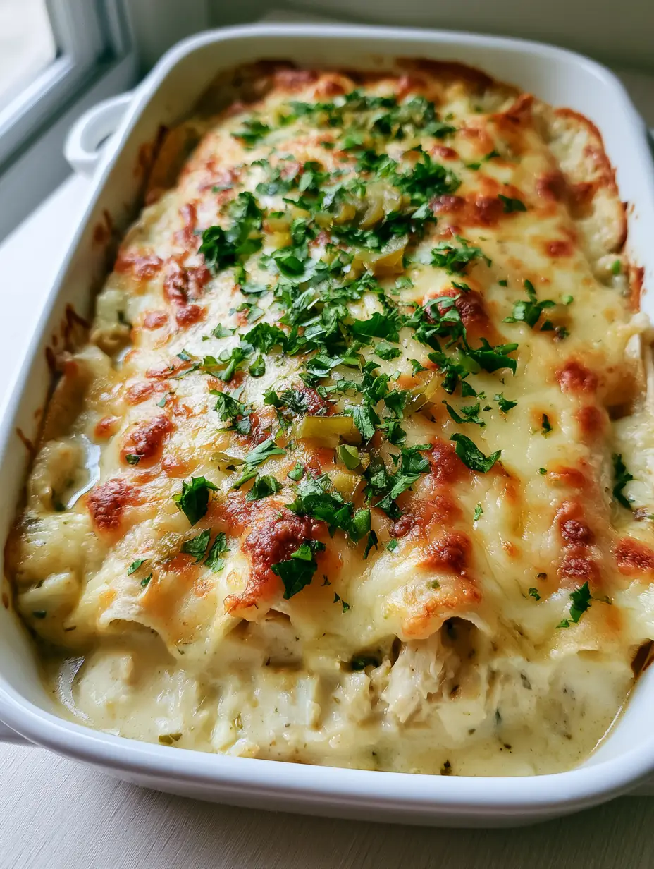 Rectangular white ceramic dish filled with layered White Chicken Enchilada Casserole showing bubbling cream sauce and toasted cheese.