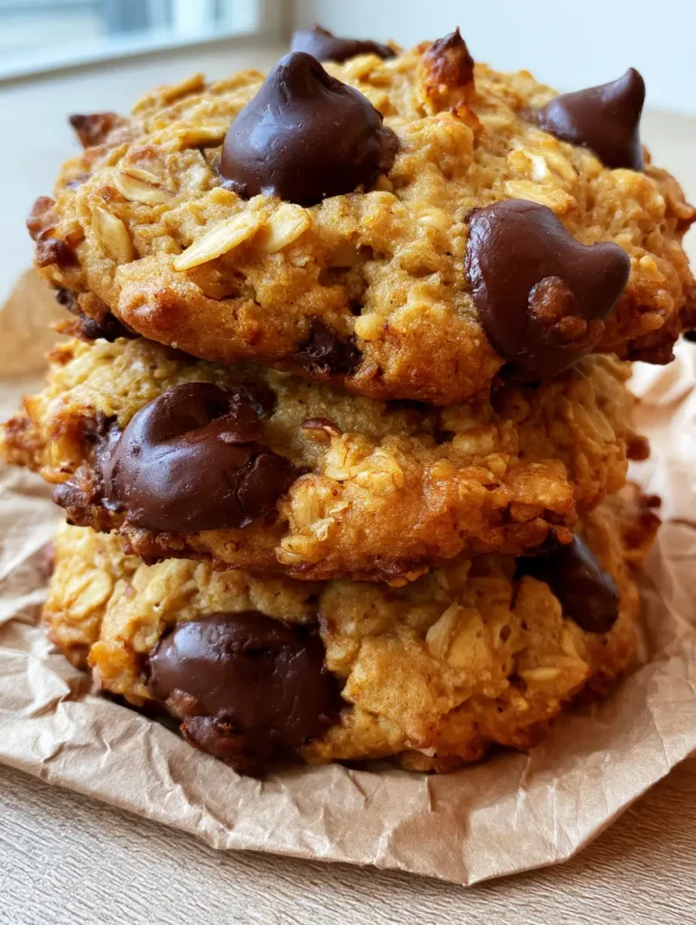 Overhead shot of Chewy Oatmeal Chocolate Chip Cookies showing the rustic texture and toasted golden edges.