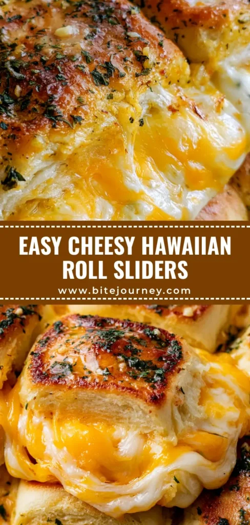 A grid of toasted Mini Grilled Cheese Hawaiian Rolls with melted cheddar and Monterey Jack cheese stretching between layers, topped with garlic and parsley.