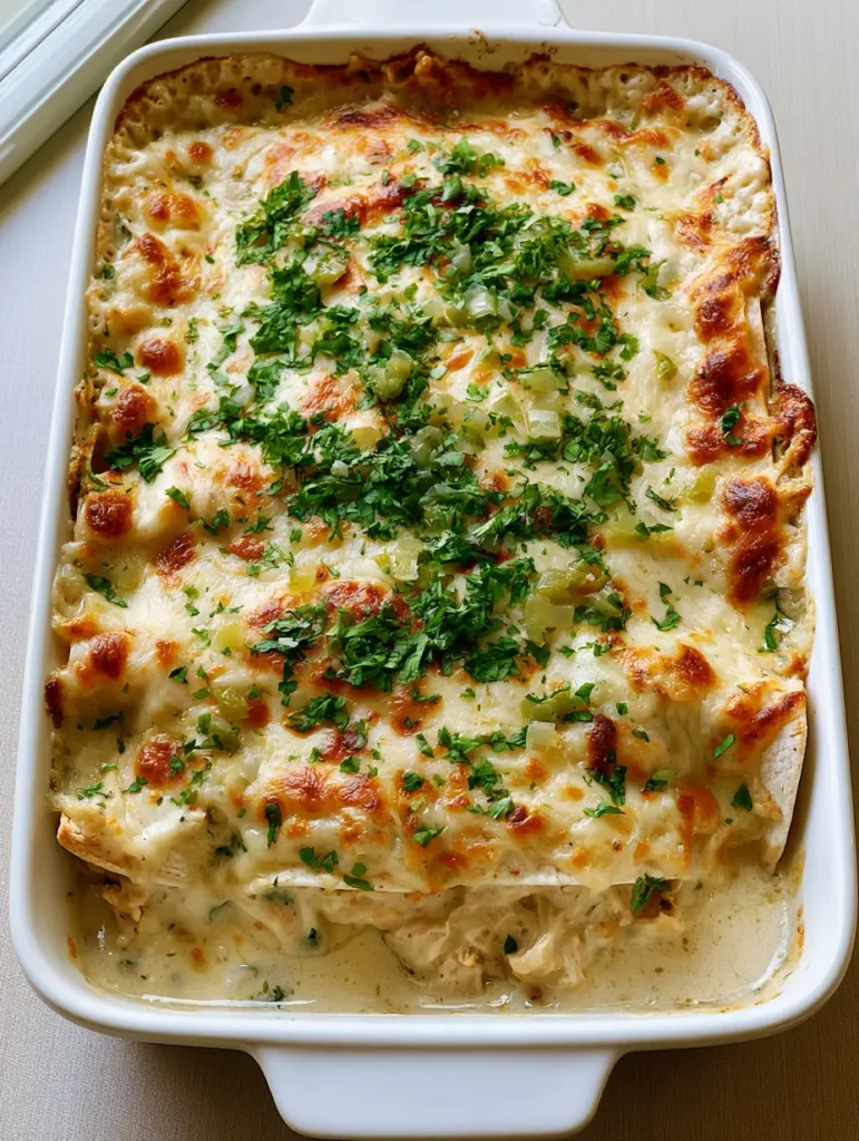 High angle shot of White Chicken Enchilada Casserole with visible cilantro flakes and diced green chiles on a wooden table.