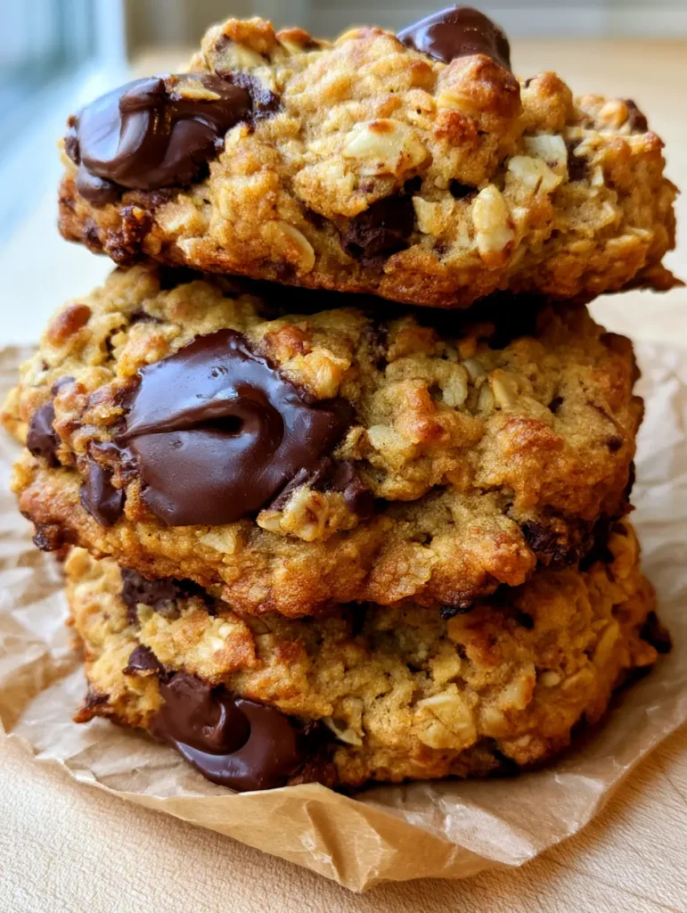 Close up of a thick oatmeal chocolate chip cookie broken in half to show the soft, chewy center.