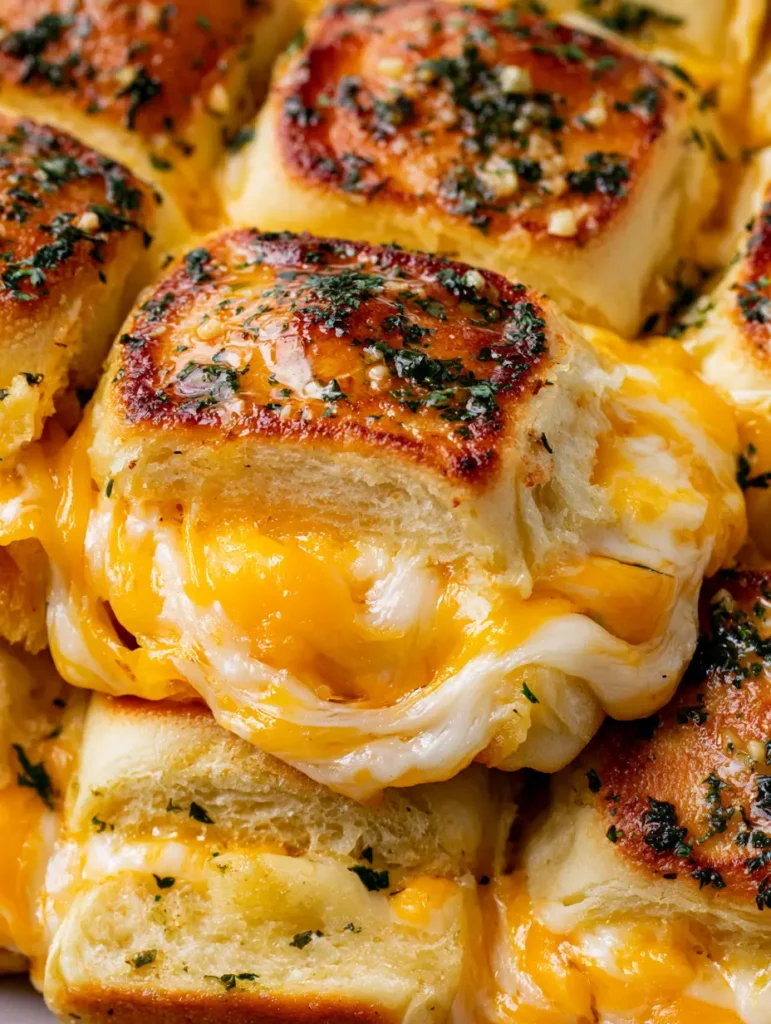 Close-up of golden brown Mini Grilled Cheese Hawaiian Rolls with visible bits of minced garlic and dried parsley flakes.