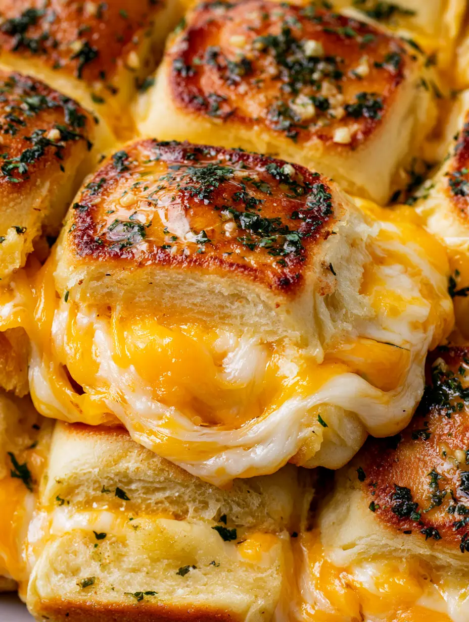 Close-up of golden brown Mini Grilled Cheese Hawaiian Rolls with visible bits of minced garlic and dried parsley flakes.