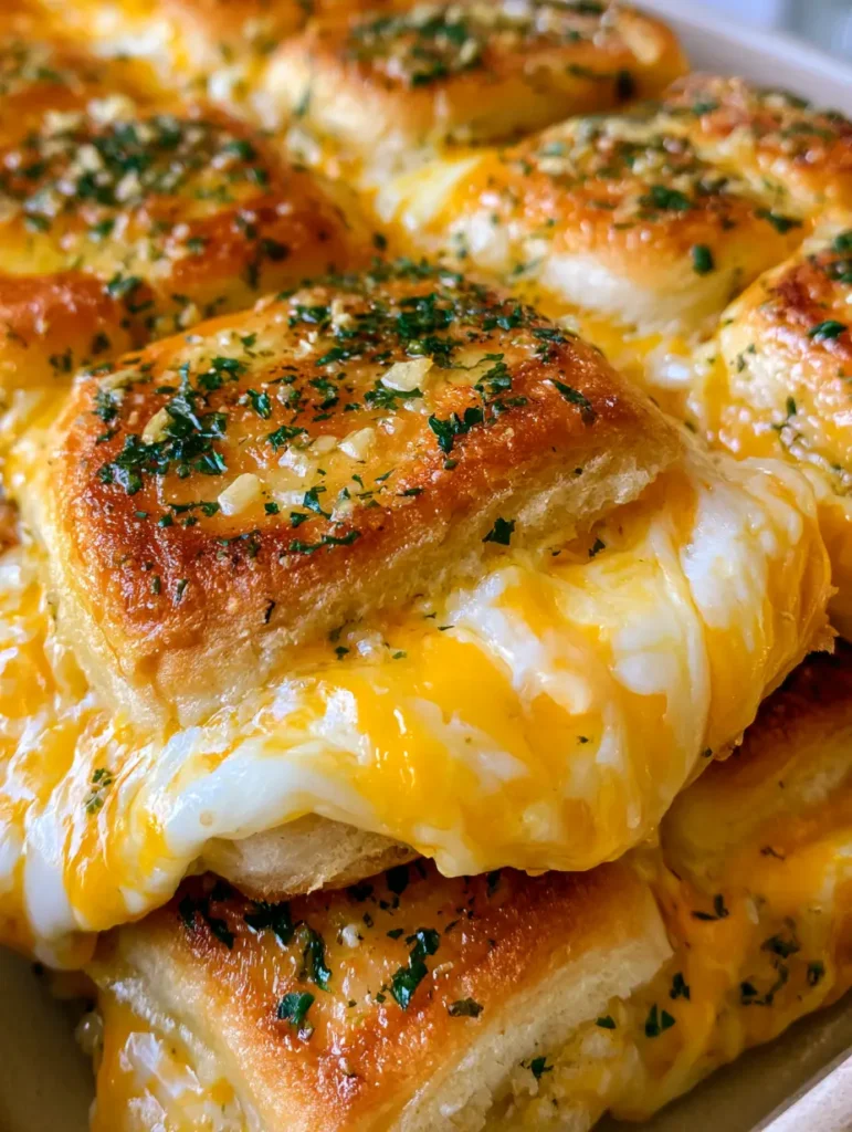 Melting yellow and white cheese overflowing from Mini Grilled Cheese Hawaiian Rolls in a baking grid pattern.