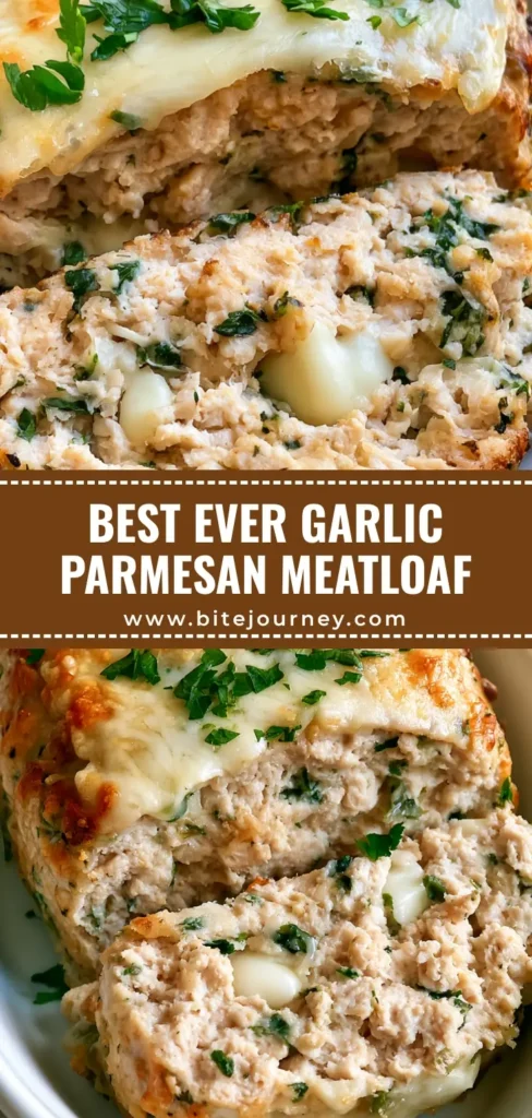 A close-up of sliced Garlic Parmesan Chicken Meatloaf with melted cheese and fresh parsley on a white platter.