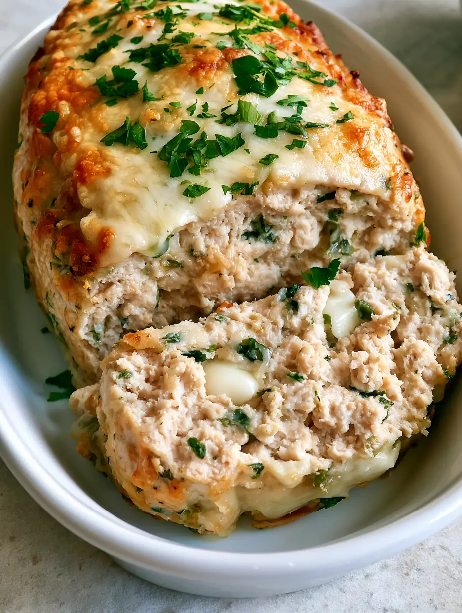 Eye-level shot of sliced Garlic Parmesan Chicken Meatloaf showing herb-flecked meat and melted cheese pockets.