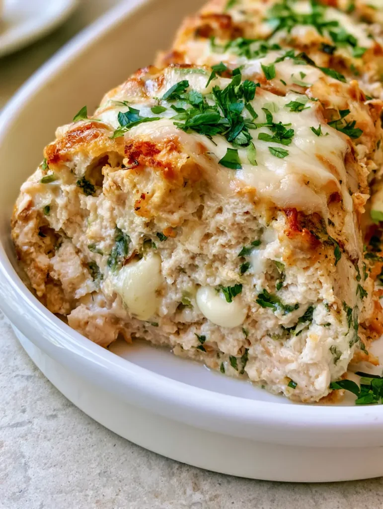 Top view of Garlic Parmesan Chicken Meatloaf with a bubbly golden brown crust and fresh green parsley garnish.