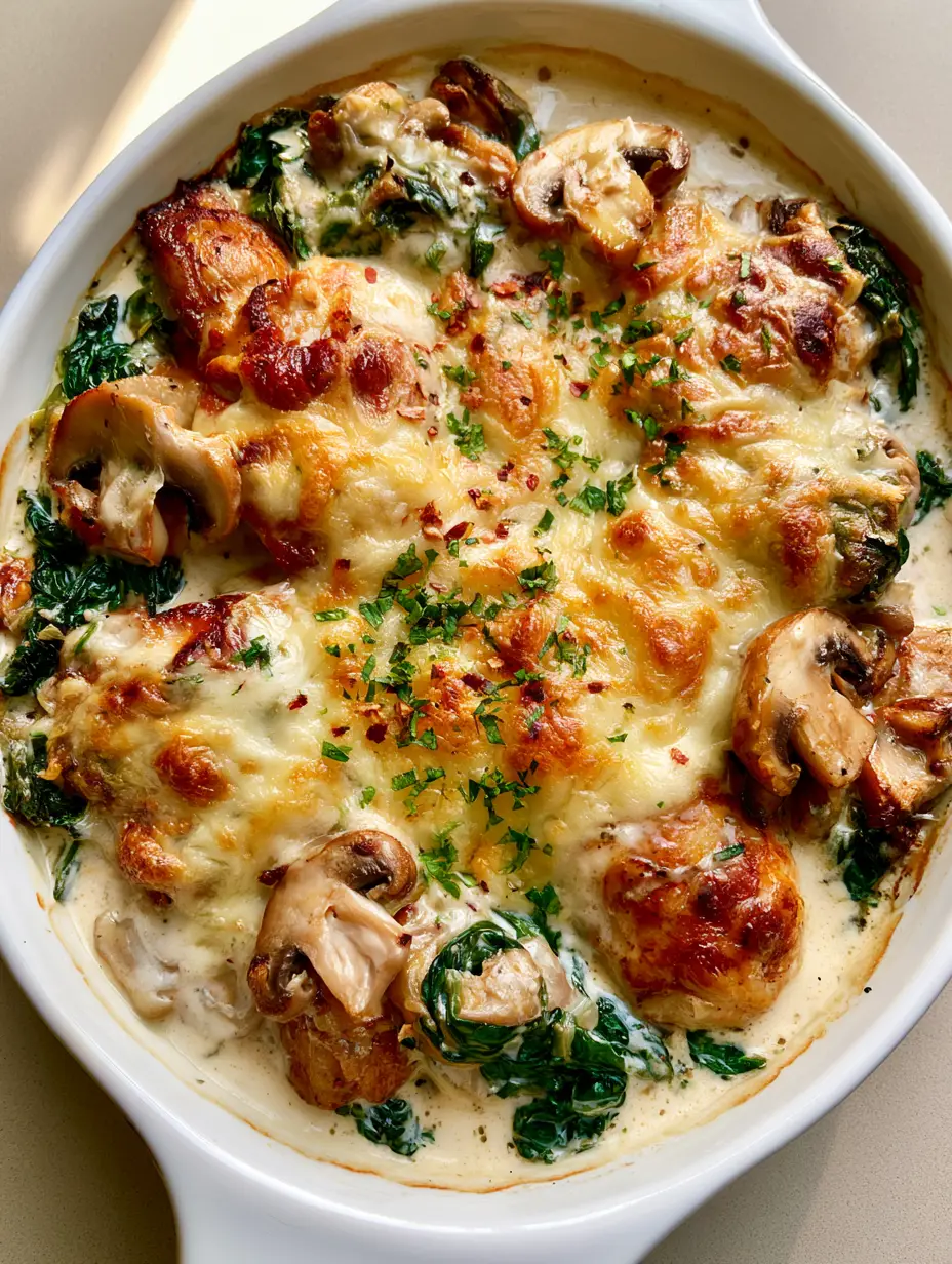 Close-up of seared chicken and wilted spinach in a creamy sauce. (Keto Chicken and Spinach Casserole)