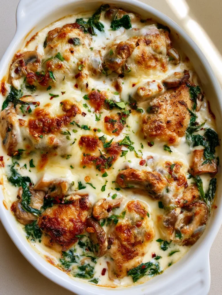 The finished Keto Chicken and Spinach Casserole topped with charred mozzarella and fresh parsley.