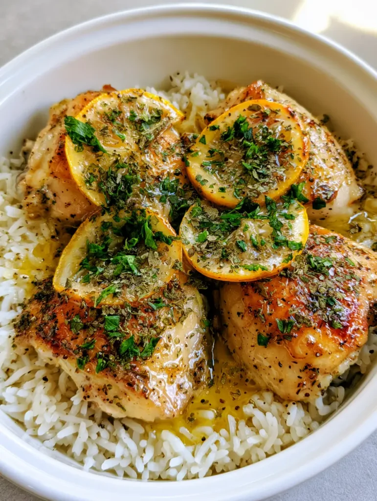 Close-up of golden seared chicken thighs in a glossy lemon butter sauce with dried oregano. (Slow Cooker Lemon Herb Chicken)