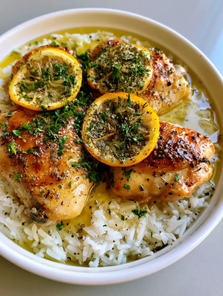 Slow Cooker Lemon Herb Chicken garnished with charred lemon wheels and fresh parsley over white rice.