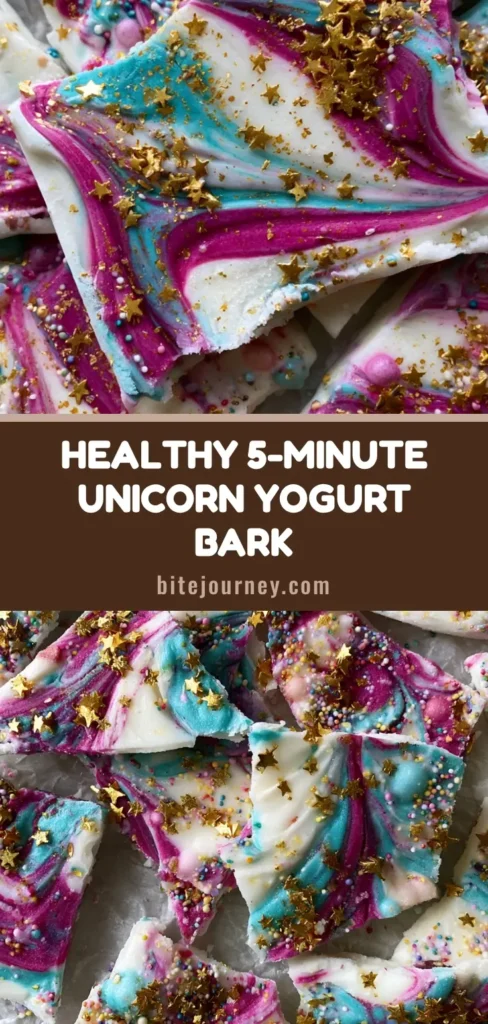 A top-down view of broken Unicorn Yogurt Bark shards featuring magenta and turquoise swirls, gold stars, and pastel spheres on parchment paper.