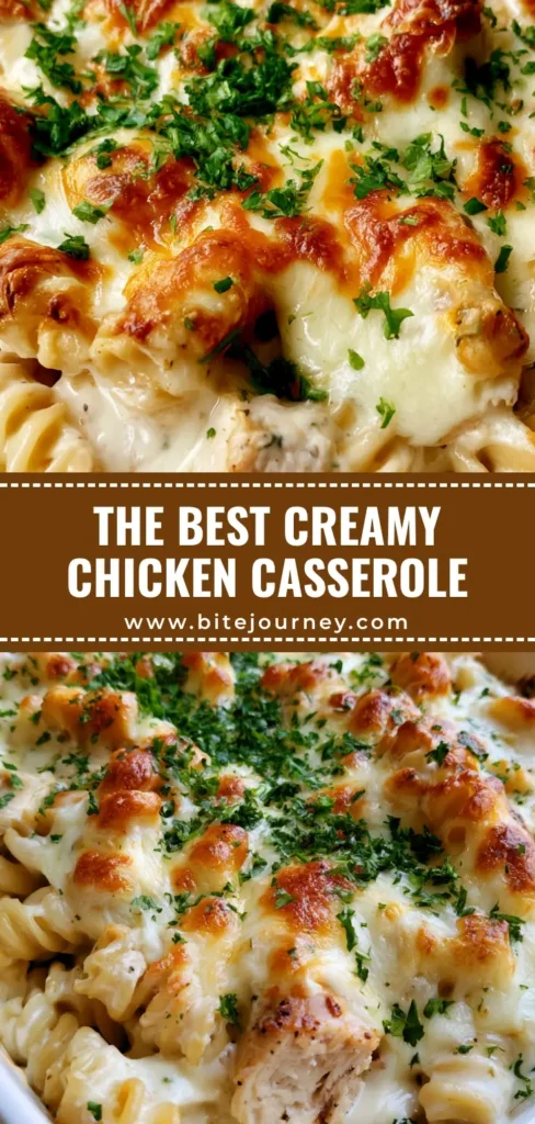 Creamy Chicken Pasta Casserole with a Golden Cheese Crust 4 A close-up shot of Creamy Chicken Pasta Casserole with golden-brown melted cheese and fresh parsley garnish in a white dish.