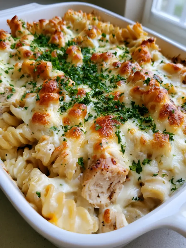 Creamy Chicken Pasta Casserole with a Golden Cheese Crust 2 High-angle view of a bubbling Creamy Chicken Pasta Casserole featuring rotini, chicken chunks, and toasted cheese spots.