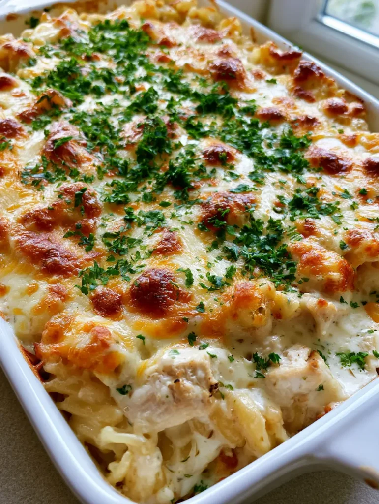 Creamy Chicken Pasta Casserole with a Golden Cheese Crust 1 Detailed shot of the creamy white sauce coating the rotini pasta and chicken in the Creamy Chicken Pasta Casserole.