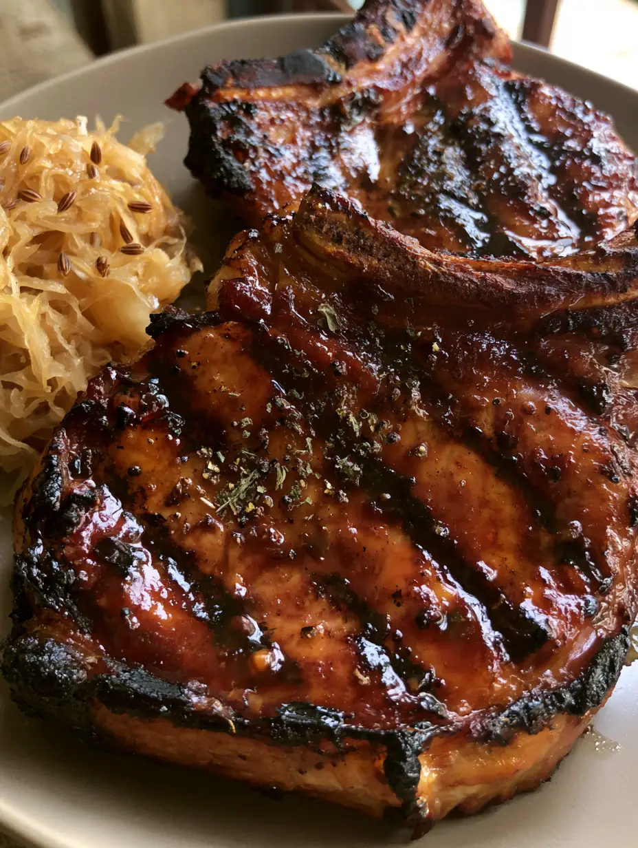 Close-up of bone-in Grilled Brown Sugar Pork Chops showing dark caramelized grill marks and thick glaze.