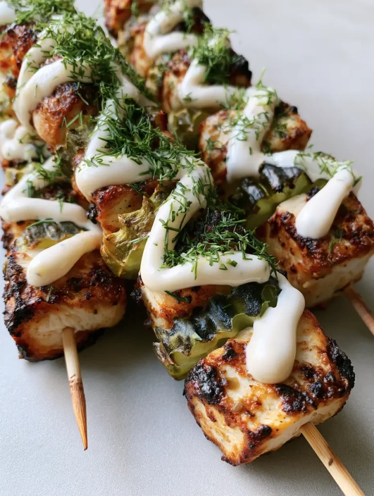 Three Dill Pickle Chicken Skewers with a thick zigzag ranch drizzle and fresh dill garnish.