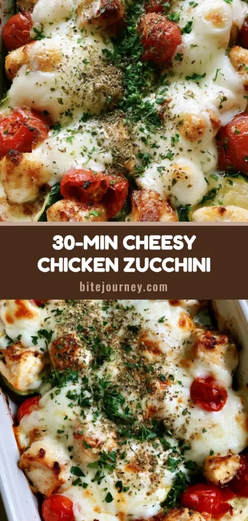 A close-up of a Chicken Zucchini Bake in a white dish with bubbling mozzarella, seared chicken cubes, and blistered tomatoes.
