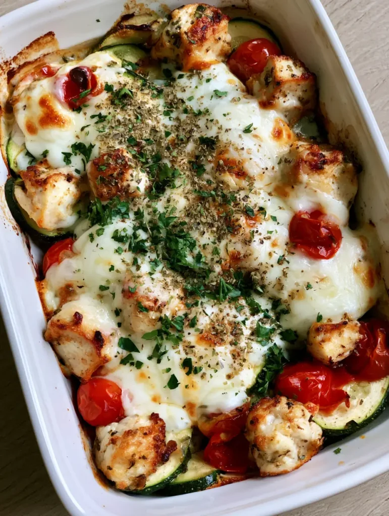 Overhead view of a ceramic dish filled with seared chicken, zucchini slices, and melted cheese.