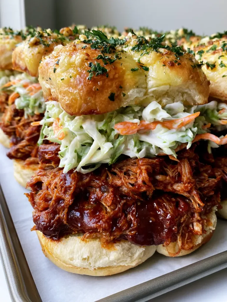 Pulled Pork Sliders arranged on a baking sheet, highlighting the toasted garlic and parsley bun tops.