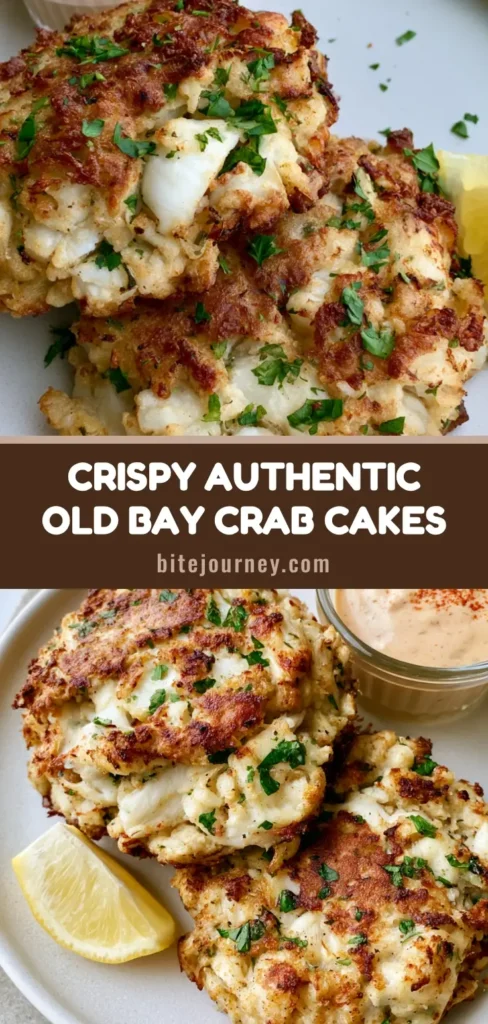 Two thick pan-seared Maryland Crab Cakes on a white plate with lemon and orange remoulade. (Maryland Crab Cakes Recipe)