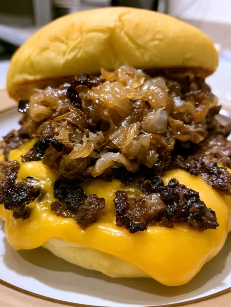 Oklahoma Onion Smash Burger: The Ultimate Crispy, Lacy-Edge Guide 2 Detailed shot of a single Oklahoma Onion Smash Burger showing the glistening juicy meat and thick melted yellow cheese.