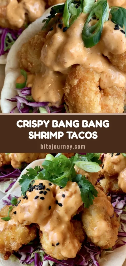 A handheld photo of three Bang Bang Shrimp Tacos showing crispy breaded shrimp coated in glossy orange sauce with purple cabbage and cilantro.