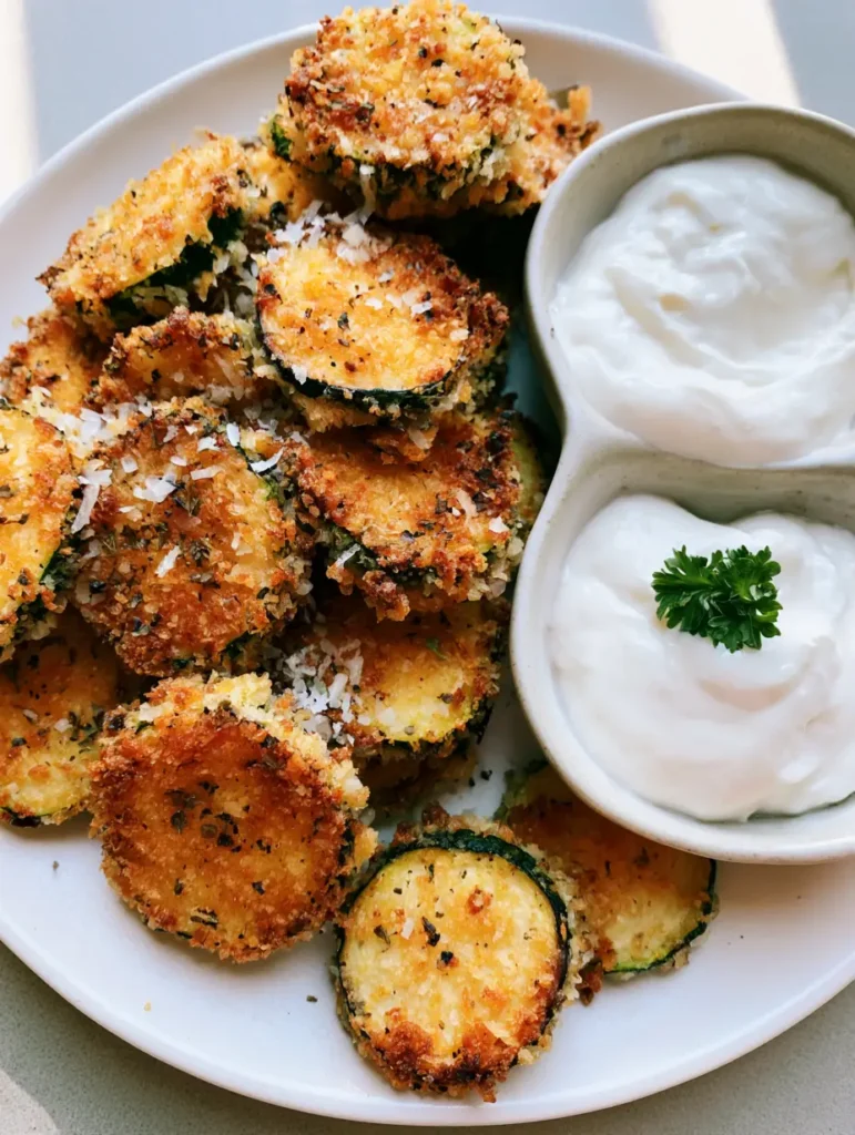 Air Fried Zucchini Bites: The Ultimate Crispy Garlic Parmesan Snack 2 Close-up top-down view of golden-brown Air Fried Zucchini Bites with visible panko and herbs.