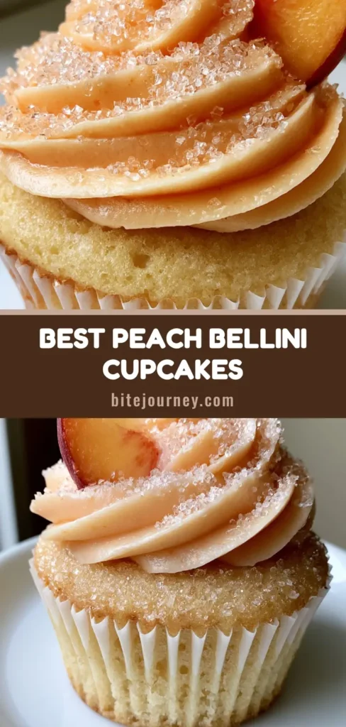 A handheld smartphone photo of a Peach Bellini Cupcake featuring a golden champagne sponge, high pastel orange silk buttercream swirl, fresh peach wedge, and sparkling sugar crystals on a white plate.