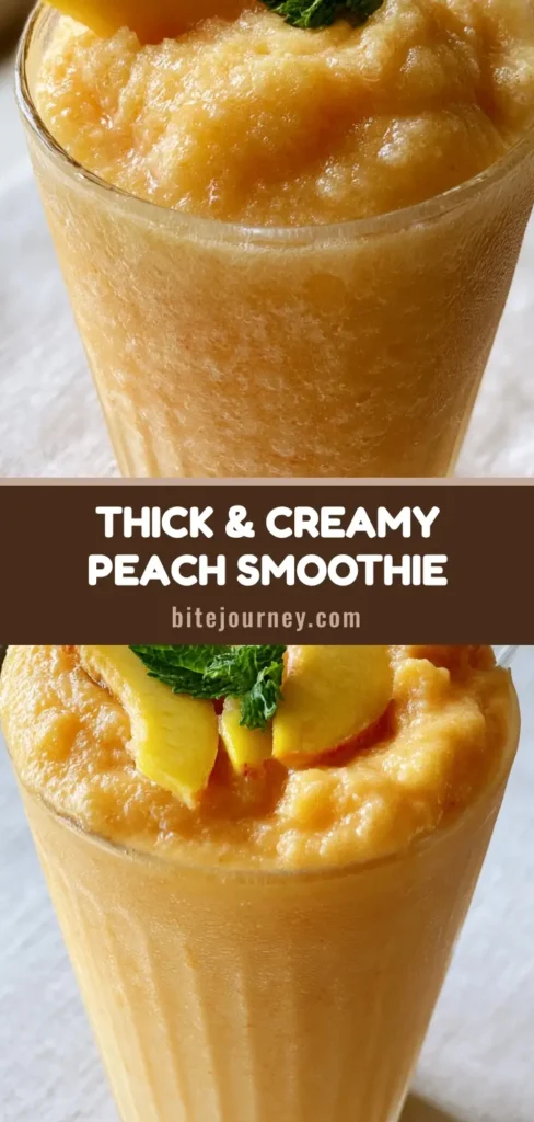 A thick, pale-orange Frozen Peach Smoothie in a tall ribbed glass garnished with fresh peach slices and mint leaf.