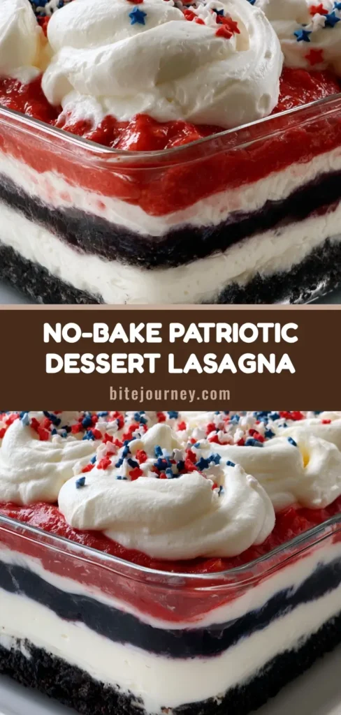 A stunning side view of a 4th of July Dessert Lasagna in a glass dish, showing layers of black chocolate crust, white cream, vibrant red strawberry, and indigo-blue blueberry cream topped with whipped swirls and stars.