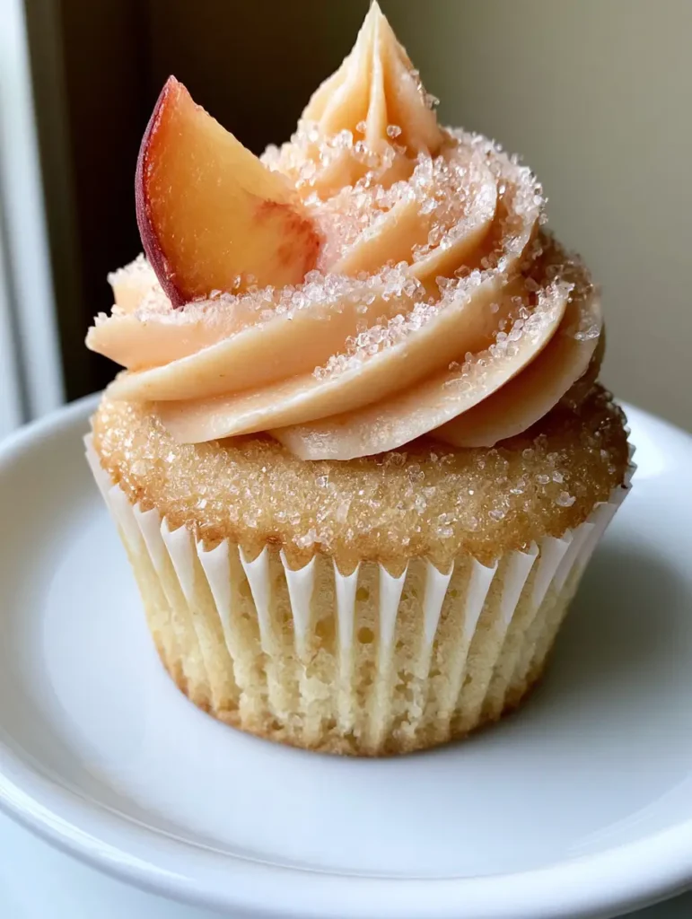 Close-up of Peach Bellini Cupcakes showing the airy champagne sponge crumb and the silky texture of the peach buttercream frosting.