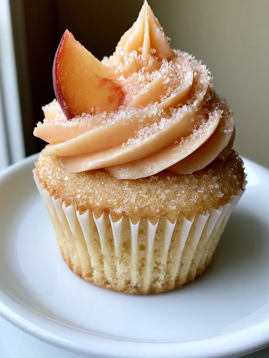 Close-up of Peach Bellini Cupcakes showing the airy champagne sponge crumb and the silky texture of the peach buttercream frosting.