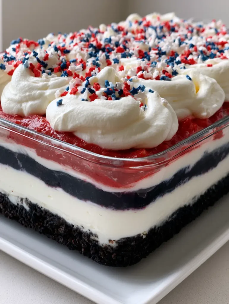 High angle shot of the 4th of July Dessert Lasagna topped with pillowy white whipped topping and red, white, and blue star sprinkles.