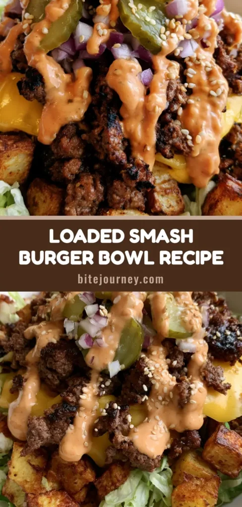 A handheld smartphone photo of a Smash Burger Bowl featuring well-seared ground beef with melted yellow cheddar, crispy roasted potatoes, and shredded lettuce drizzled with orange special sauce.
